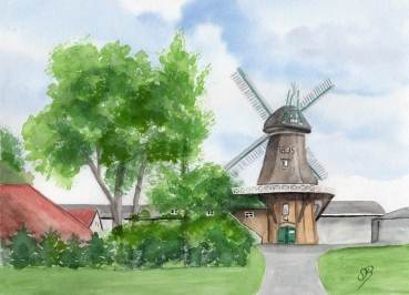 Poster DIN-A4 Aquarell Maritim Kunst Druck Kunstdruck Nordsee Ostfriesland Greetsiel Mühle Mühlen Windmühle Windmühlen